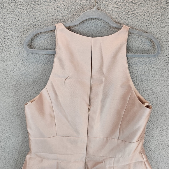 Alfred Sung Cocktail Dress Womens Sz 12 Nude Tan Beige Satin High Neck Pockets - Picture 8 of 11